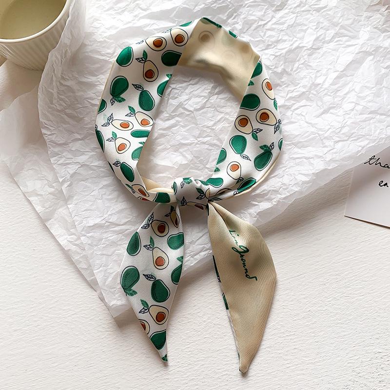 New Fruit Pattern Floral Narrow Korean Version Small Silk Scarf for Women's Decorative Scarf with Long Streamers and Kissing Small Scarf