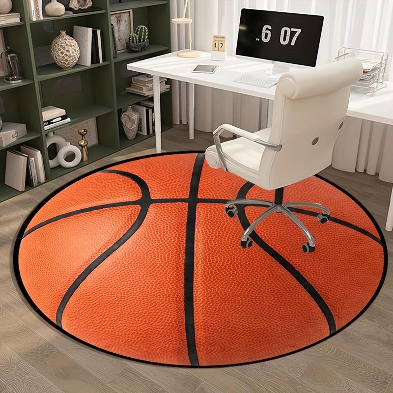 3D Basketball Flannel Round Rug - Sporty Orange  Black Decor for Living Room  Bedroom, Non-Slip Home