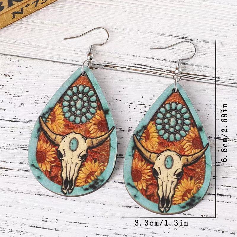 Wassertropfenohrringe, Kuhkopf-Druckdekoration, Retro-Stil, Holzmaterial-Temperament, für Bankette, Party-Eleganz
