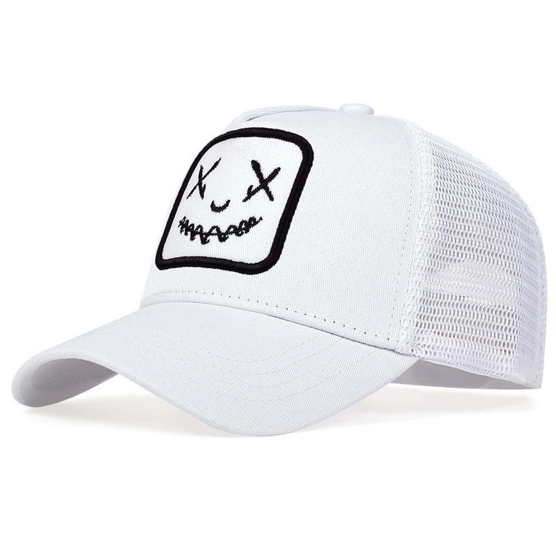X Eyes Smiley Patch Trucker Hat, Mesh Back Adjustable Curved Brim Baseball Cap for Streetwear