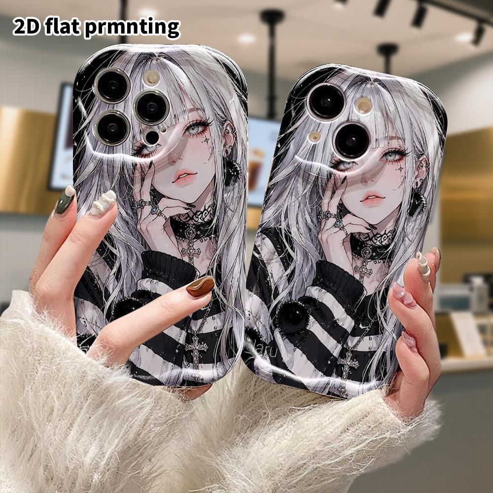 Phone Case: 2D flat, fits iPhone 18, 17, 16, 15, 14, 13, 12Pro protective case, silver long straight hair, perfect Christmas and Halloween holiday gif
