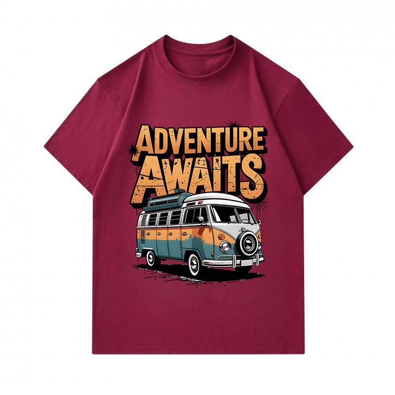 Men's 100% Cotton Short Sleeve Crew Neck T-Shirt, Retro Adventure Awaits Vintage Camper Van Graphic Print Casual Comfortable Tee for Daily Outdoor Tra