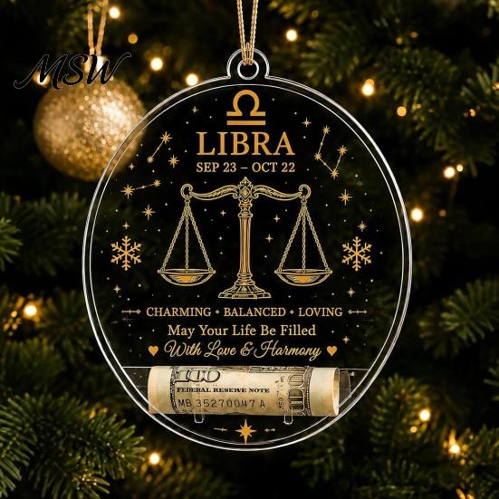 Hanging Decor for Showcase Christmas Tree Money Holder Pendant, Transparent Acrylic Round Ornament, 12 Holiday Gift Tags Zodiac Signs Theme Decorative
