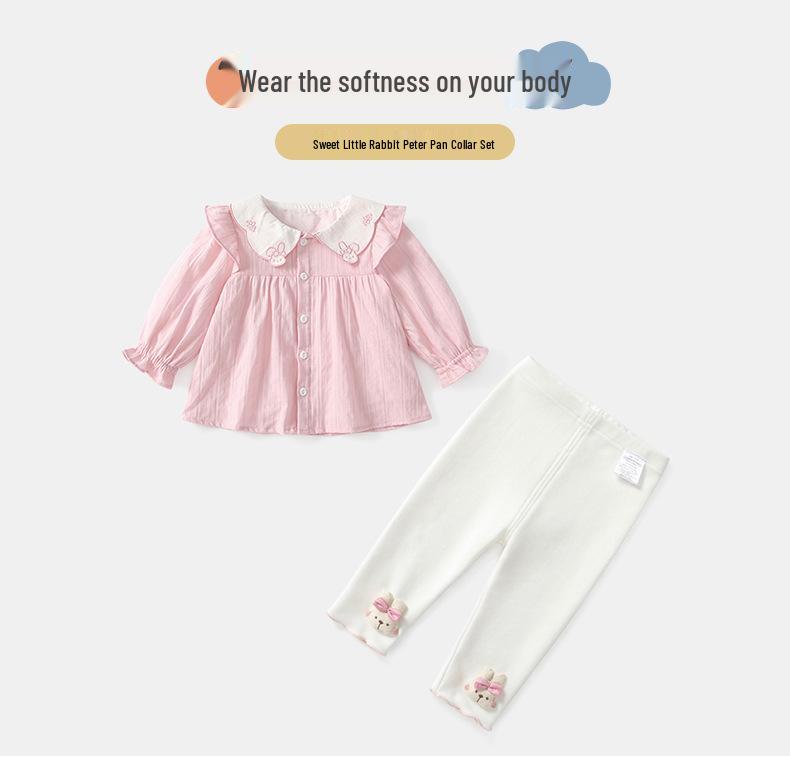 Podzimní roztomilá králičí dvoudílná sada košile s dlouhým rukávem a okvětním límečkem pro miminka a dívky