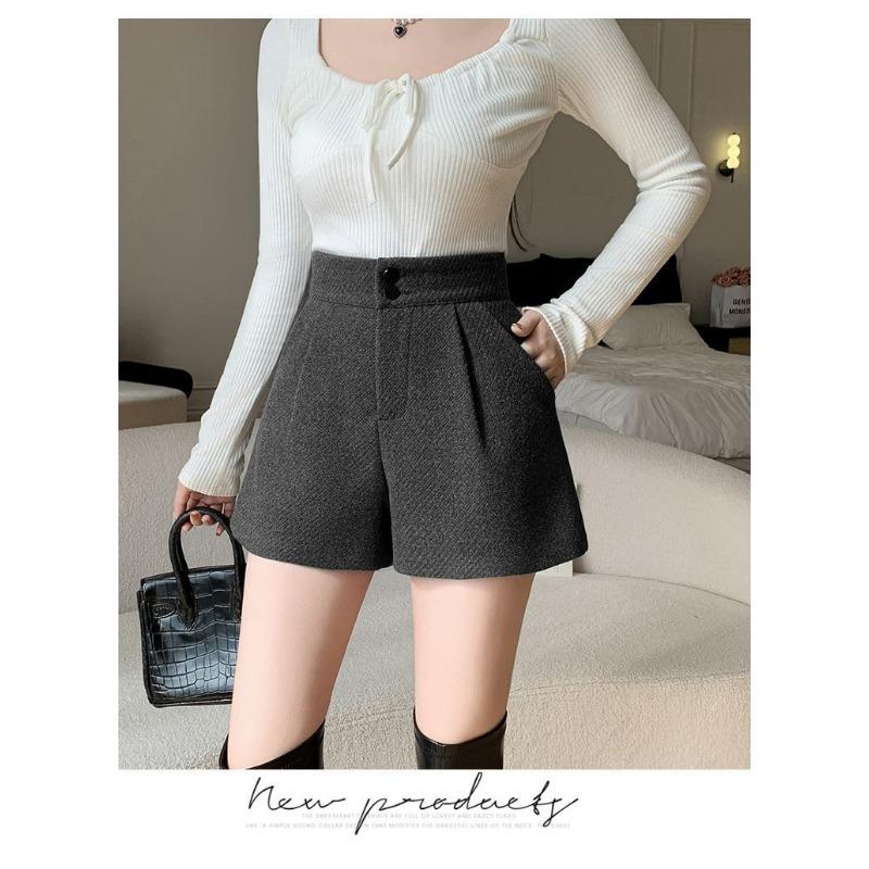 Høst Vinter Høy Midje Temperament Ullstoff Vide Ben Shorts Kvinner Casual Allsidige Korte Bukser