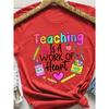 Teaching Is A Work Of Heart Women's Tee - Colorful Teacher Graphic, Casual Purple Top