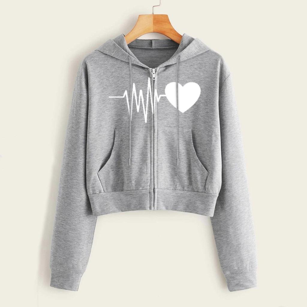 Women Heartbeat Print Long Sleeve Zipper Pocket Shirt Hooded Sweatshirt Tops