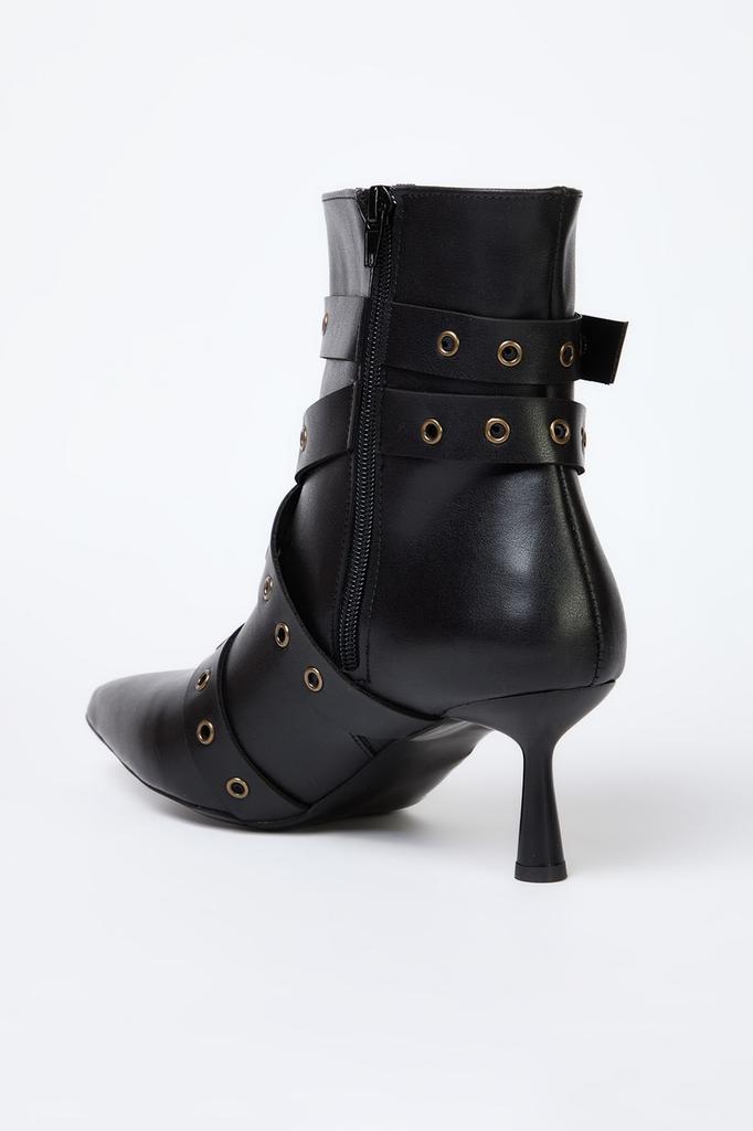 Black Eyelet and Antique Buckle Detailed Thin Heel Women's Boots
