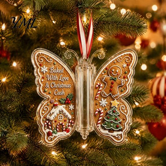 Acrylic Hanging Money Capsule Christmas Holder Ornament, Cash Decor with Vintage Tree Decoration Slot Butterfly Print, Holiday Party Supplies