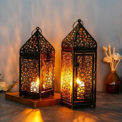 Premium 1pcs Moroccan Style Metal Lanterns Essential Kit, Hollow-Out Projection Iron Art Candle Holders, Festive Tabletop