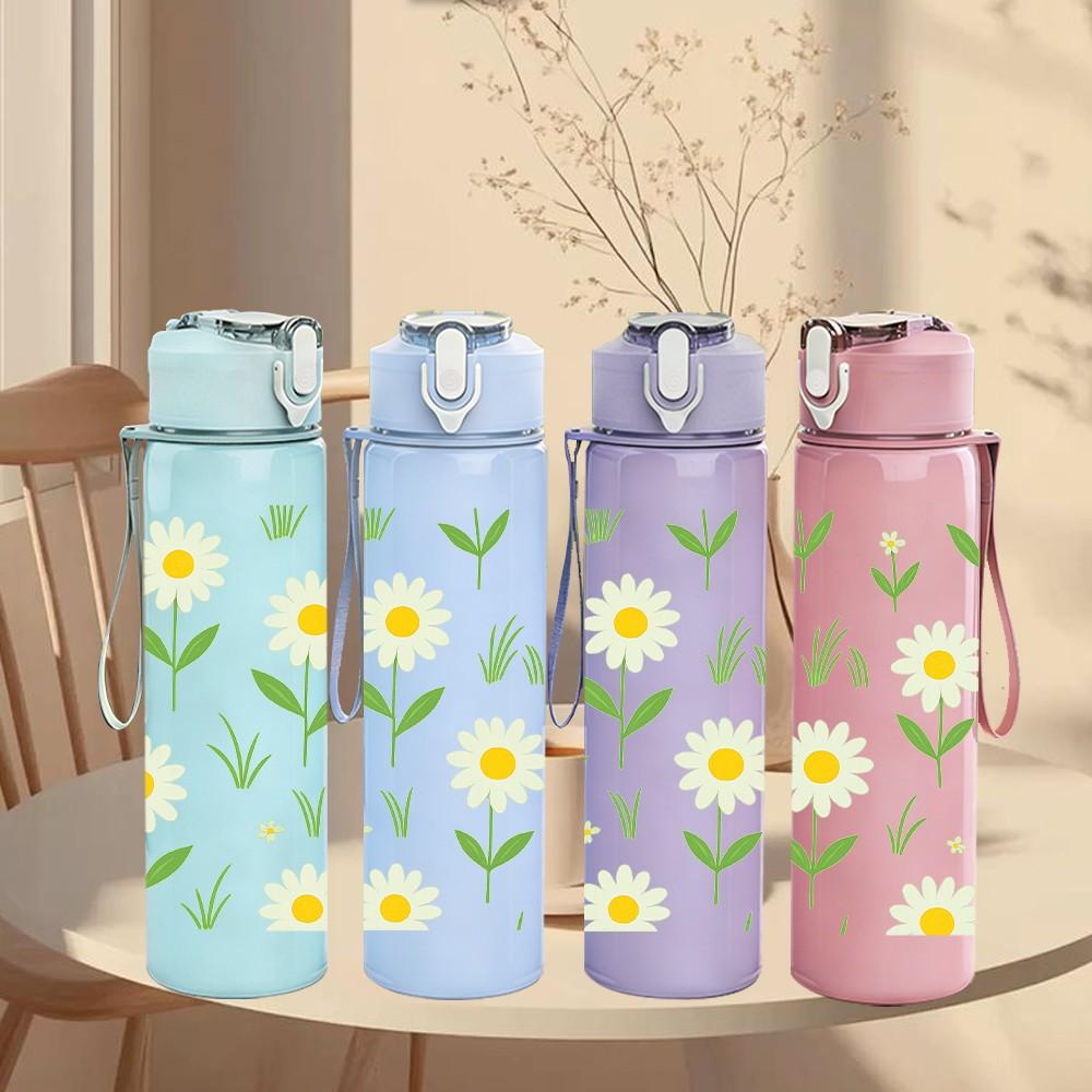 1PC Simple White Daisy Flower Group Print 750ml Color Plastic Sports Water Bottle Leakproof Flip Straw Lid Suitable for Sports Office Home Use