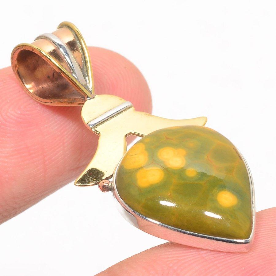 Natural Ocean Jasper TwoTone 925 Solid Sterling Silver Gift Pendant 1.50" W0L87