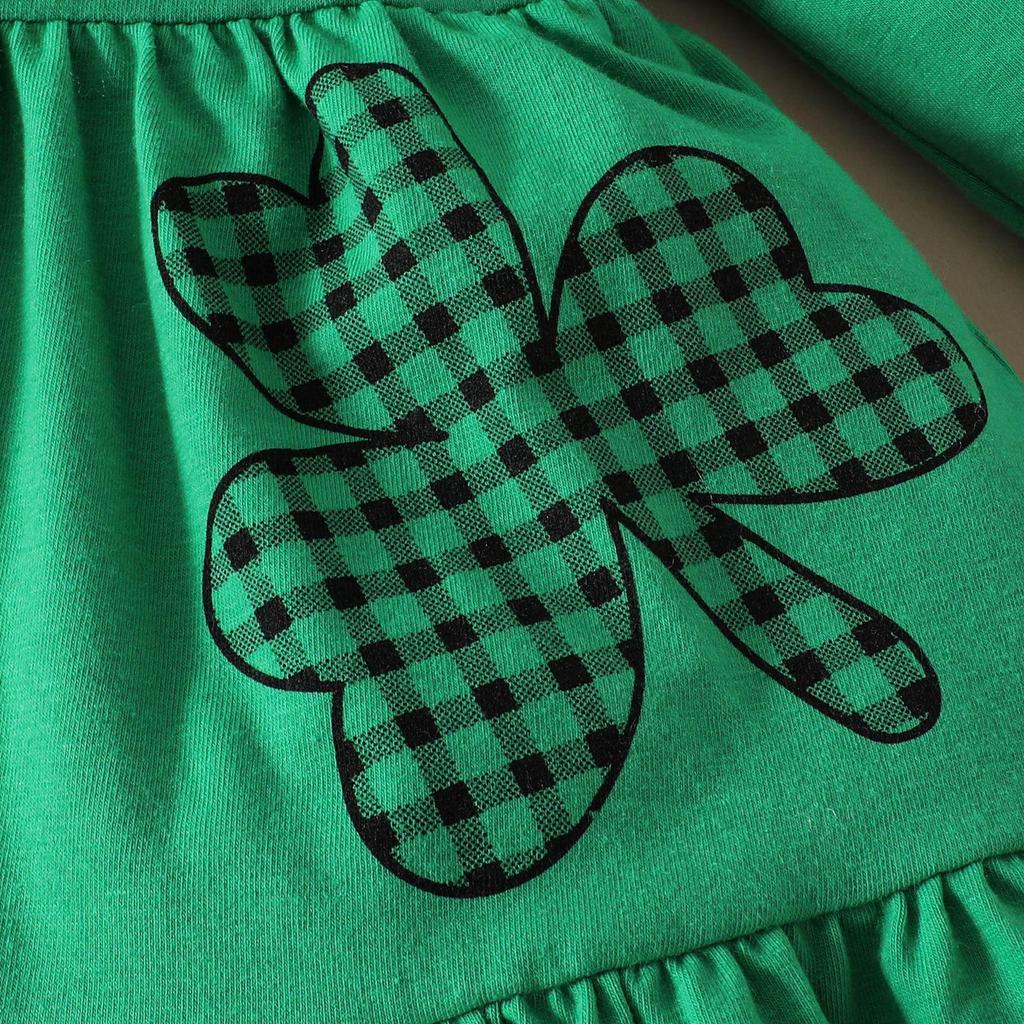Toddler Girl St. Patrick's Day Green Dress Set with Printed Trousers & Shamrock Headband