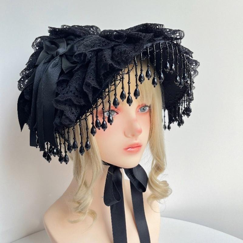 Gothic Handmade Lace Bonnet With Black Bowknot and Fringed Trim Design Adjustable Tie Headpiece For Women Cosplay Event