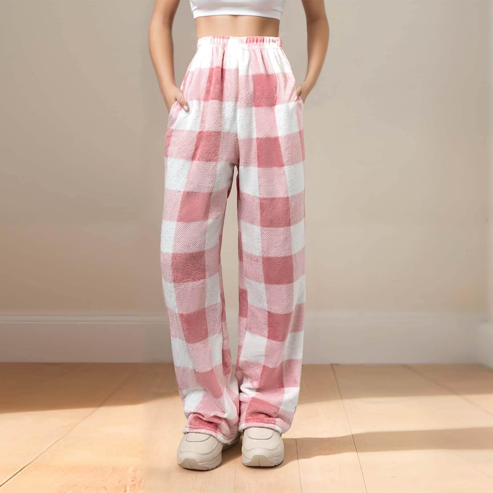 

Женские пижамные штаны, плюшевые пижамные штаны с мягкой эластичной талией, клетчатые штаны с 2 карманами S розовый