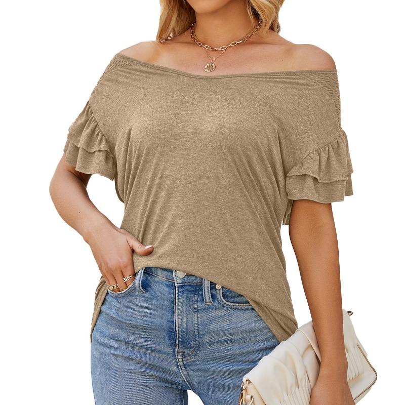 Damen Sommer Einfarbig V-Ausschnitt Ein-Schulter Kurzarm Locker T-Shirt Top