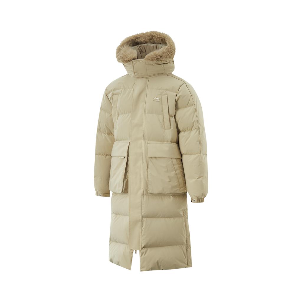 Li Ning Sports Lifestyle Series Solid Color Loose Fit Cold Resistant Warm Outdoor Long Down Jacket Men Outerwear Milk-Khaki AYMU177-2