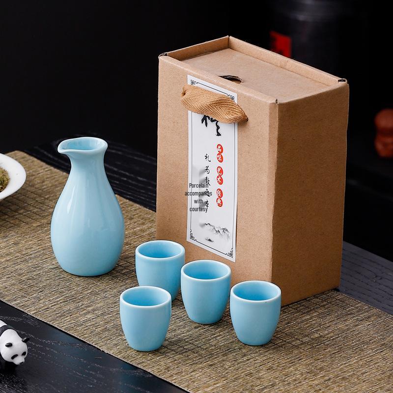 

Ru Kiln Ceramic Wine Set: One Pot, Four Cups, Easy Storage, Portable for Office or Gift. Yellow
