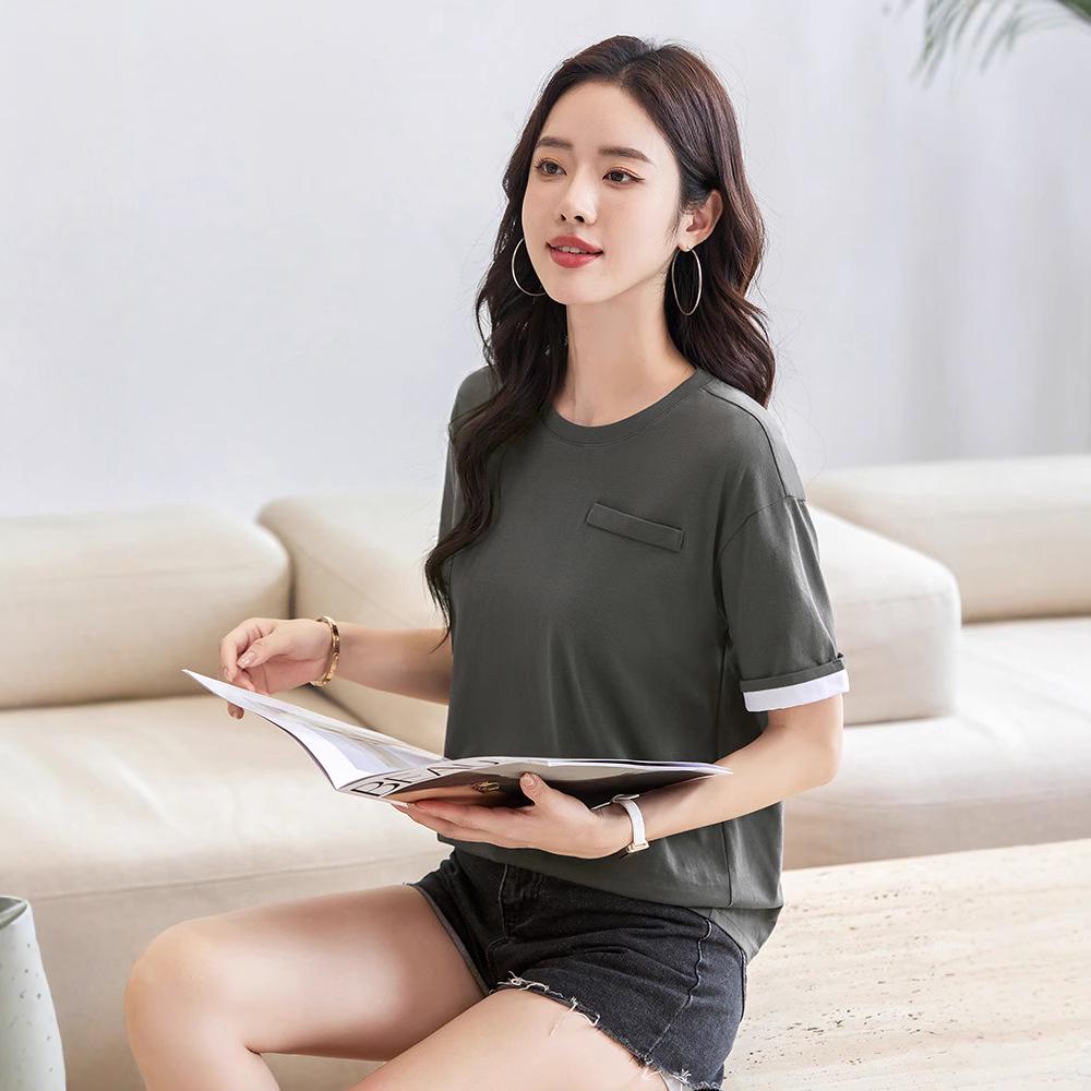 

2025 Spring/Summer Women s Color Block Short Sleeve Loose Casual T-Shirt L