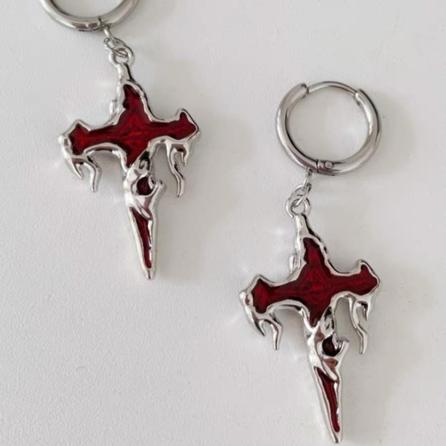 

Gothic Punk Flame Cross Drop Earrings, Vintage Y2K Statement Jewelry