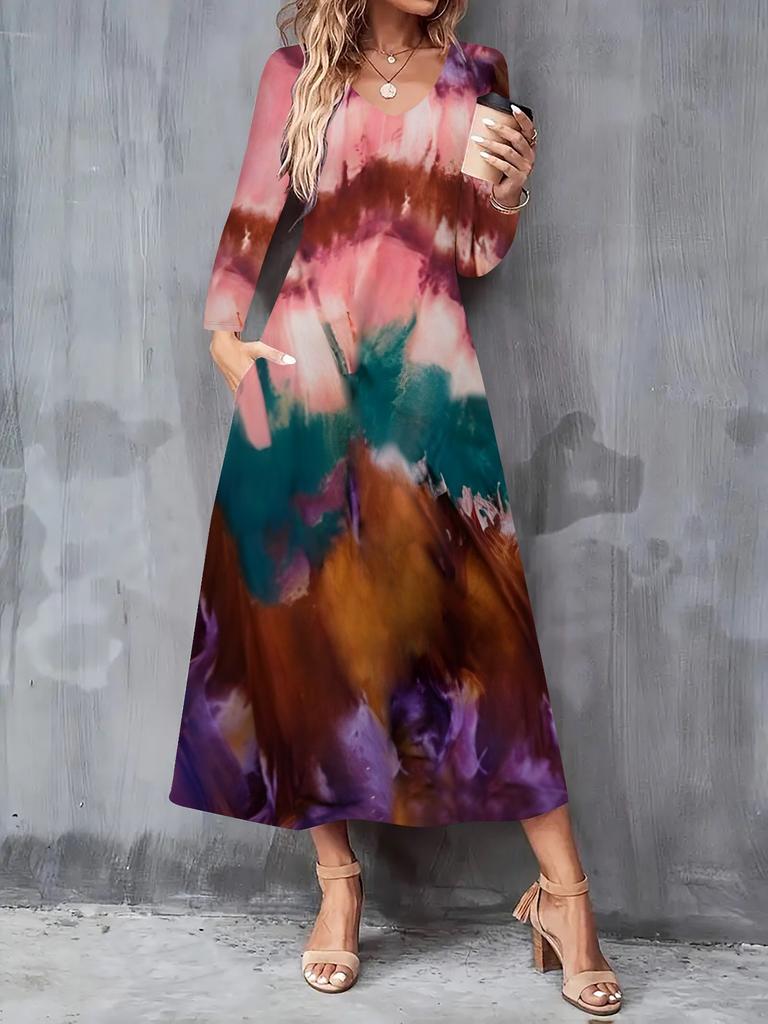 2025 Autumn and Winter New Women Casual Fashion Dress 3D Retro Pattern Print  Long Sleeve V-Neck A-Line Dresses