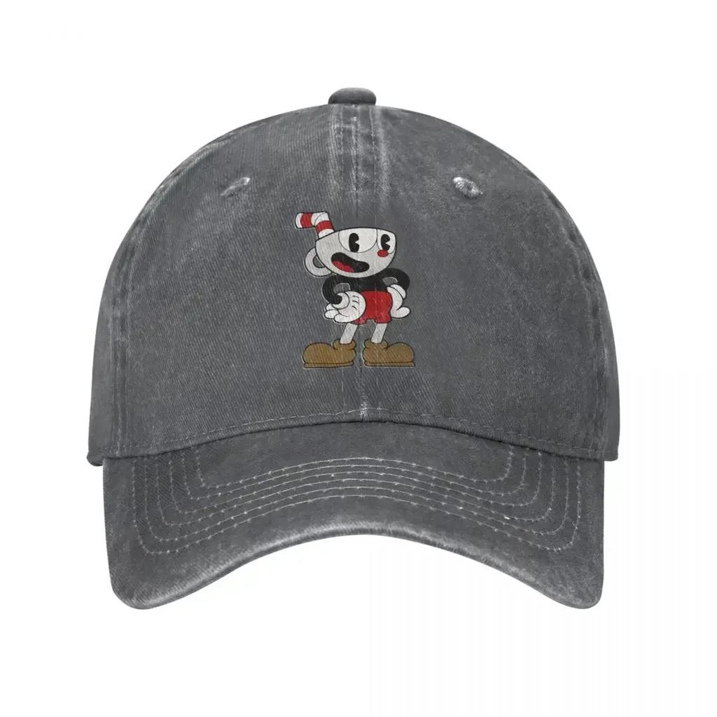 Cuphead Pose Cuphead Baseballkappe Mode Used-Denim Gewaschene Kopfbedeckung für Männer Frauen Outdoor-Aktivitäten Kappen Hut
