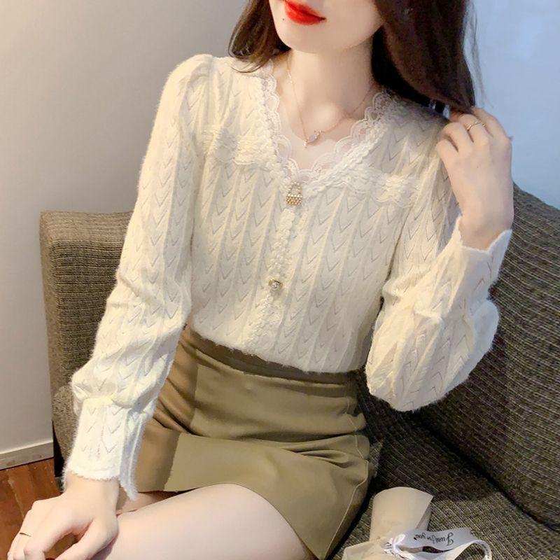 

Женская кружевная рубашка с длинным рукавом – универсальный и элегантный топ на любой случай XXL бежевый