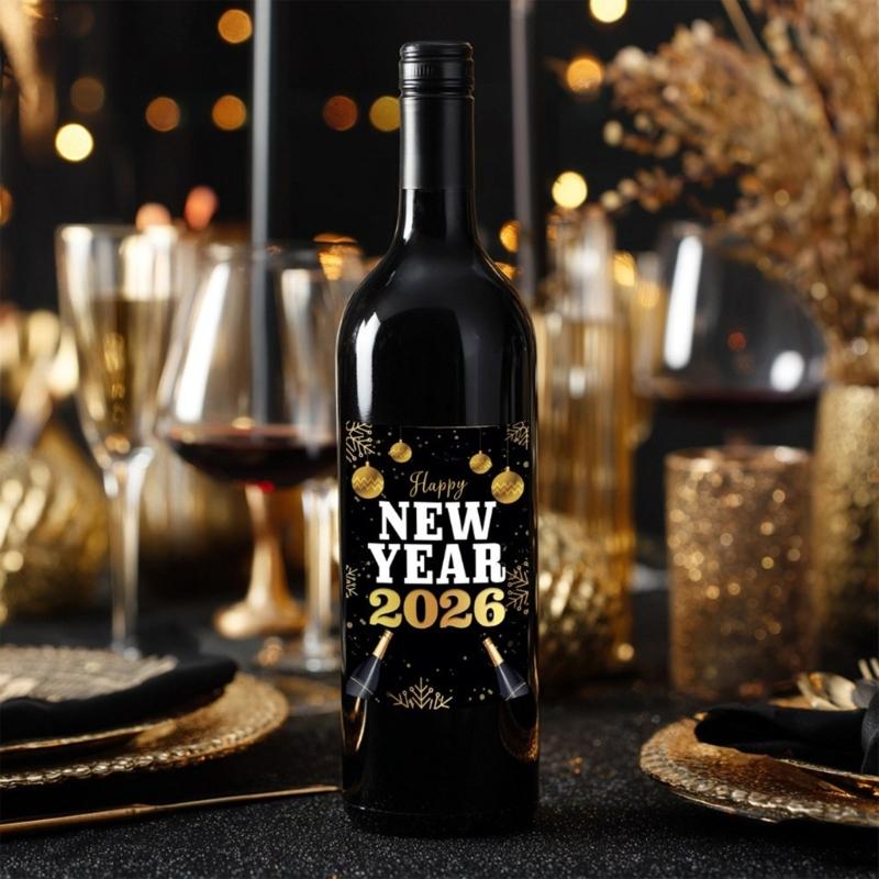 24Pcs Happy New Year Wine Bottle Labels Waterproof Wine Bottle Wrapping Sticker top sale