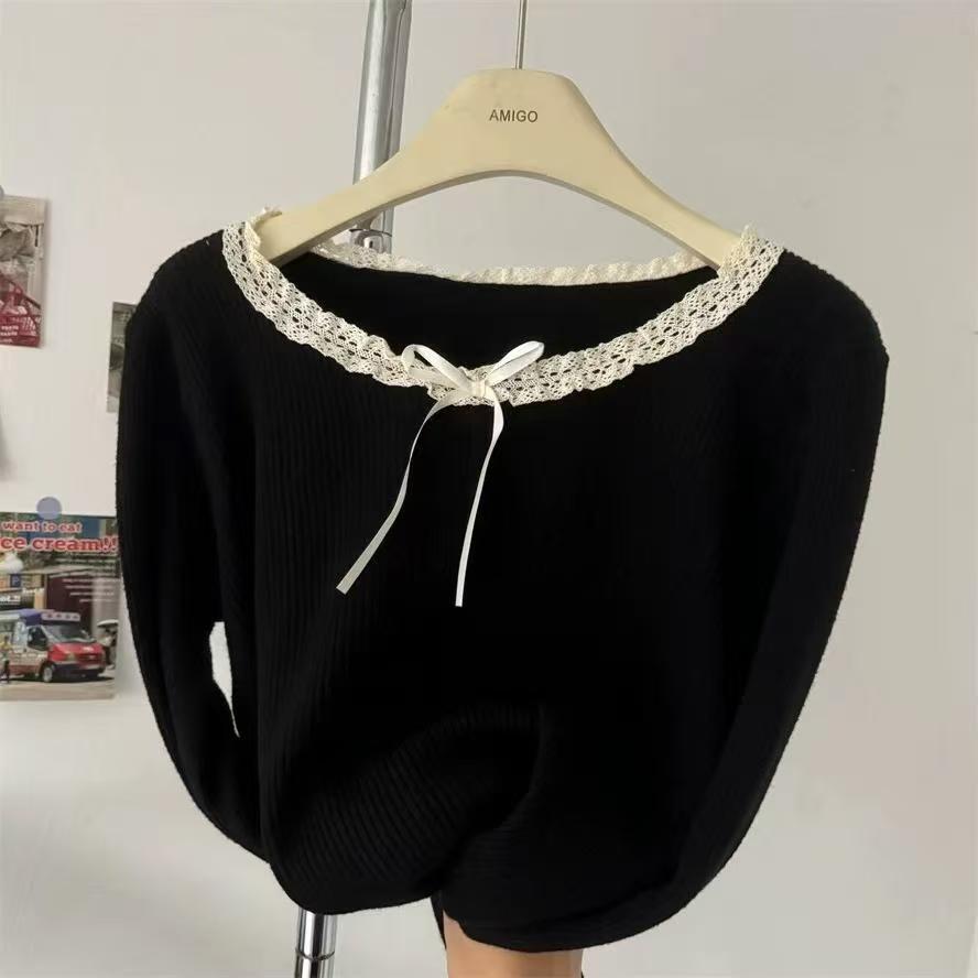 Women's Long Sleeve Knit Top Round Neck Elegant Casual Blouse Plus Size Bow Decor Pullover Top