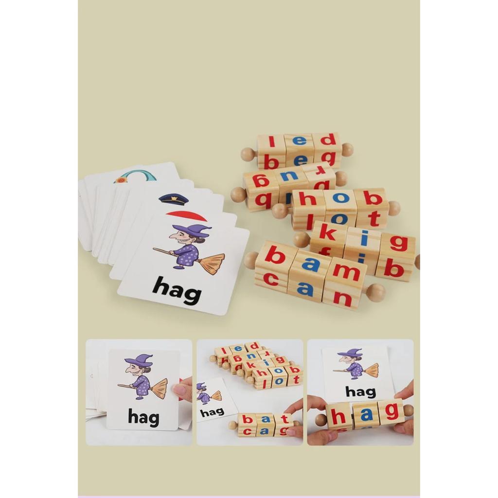 Wooden Word Spelling Game Alphabet Learning Toys for Preschool Boys and Girls Letters Reading Building Blocks Game with 24 Cards