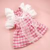 Cat Princess Dress Lace Stitching Square Collar Ruffle Sleeves Plaid Printing Pet Dog Cat Bowknot Skirt Daily Wear