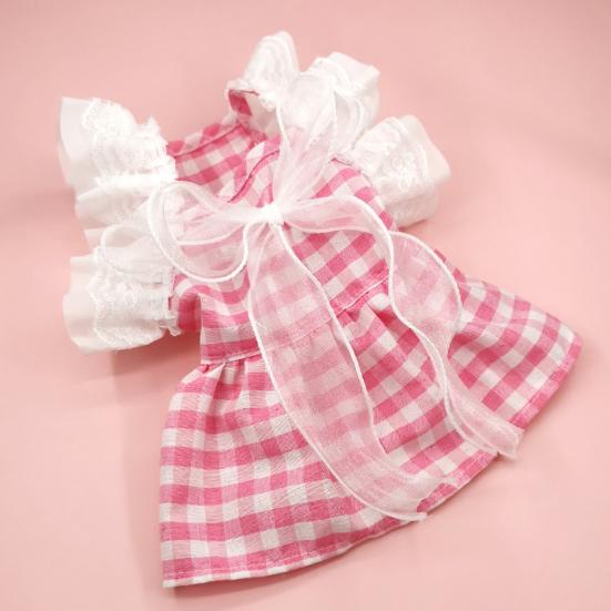 Cat Princess Dress Lace Stitching Square Collar Ruffle Sleeves Plaid Printing Pet Dog Cat Bowknot Skirt Daily Wear