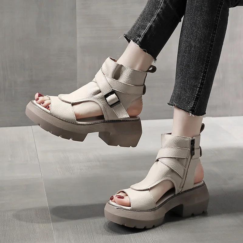 Fashion 2025 New Summer Sandals Shoes Retro Leather Wedges Platform Peep Toe High Heel Fish Mouth Black Brown Women Sandalias Mujer