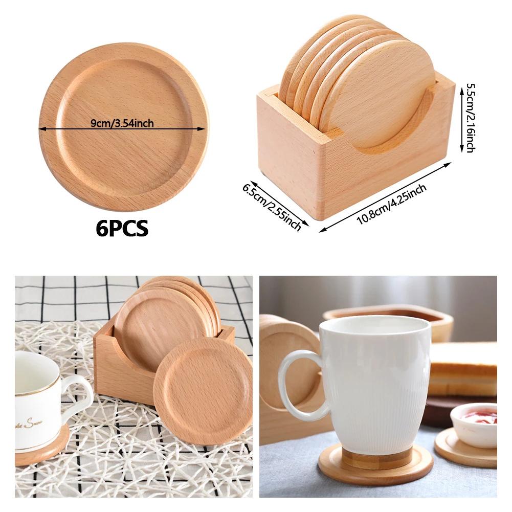 1/6 szt. Podkładki pod kubki w stylu japońskim z drewna bukowego Podkładki Drewniane pudełko na podkładki Okrągły kształt Izolacja Podkładka pod kubek do kawy i herbaty