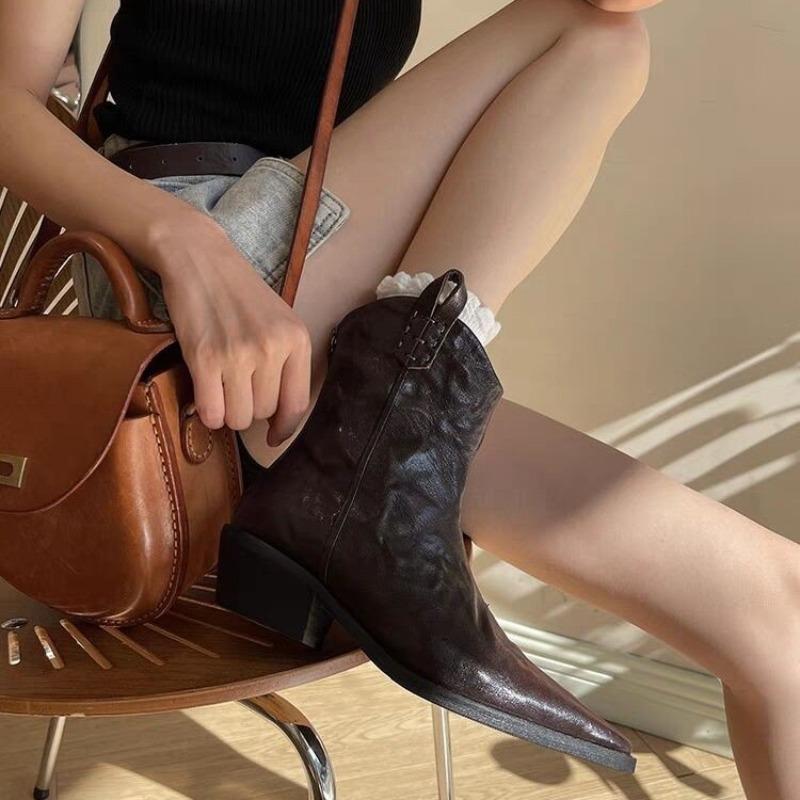 Western  Ankle Boots for Women PU Leather Pointed Toe Behind Retro Style Low Heel Women Boot Fashion Short Boots D181