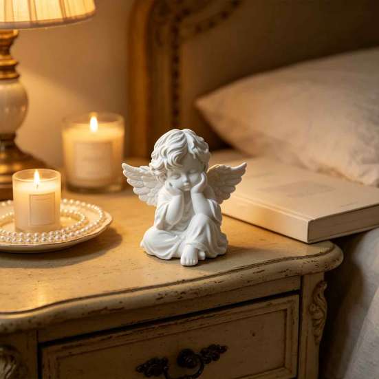 Holding Chin Angel Statue 3D Printed Retro Figurine, Guardian Statue, Winged Figurine Matte White Sculpture for Home Office Desk Decor