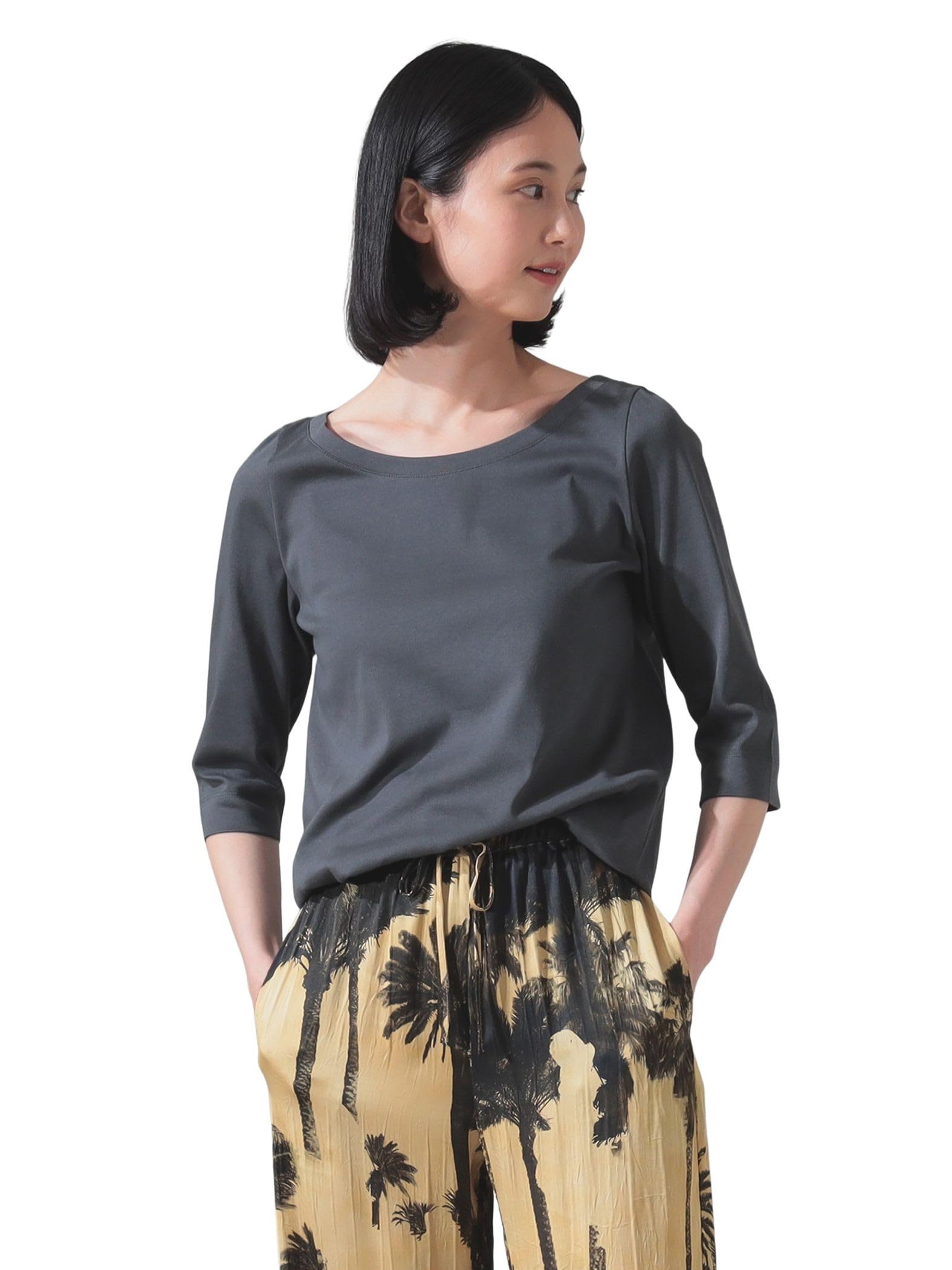 

Beams Organic Круглый Угольный Единый Размер Demi-Luxe Футболка с коротким рукавом, Хлопок, Горловина, Рукава 3/4, Женская, Серая,