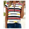 Summer Loose T-shirt Fashionable and Elegant Zipper V-neck Color Blocked Printed T-shirt Plus Size Women's Short Sleeved Shirt
