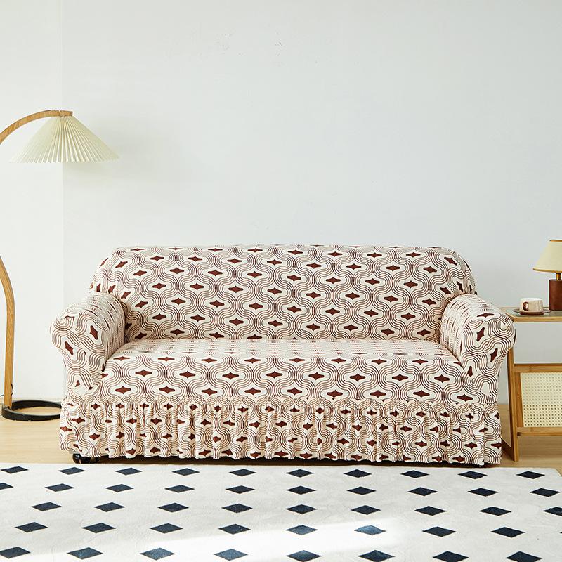 Geometric Printed Sofa Cover With Skirt Edge High Elastic Dustproof Sofa Protective Cover Stretch Cloth Towel With Elastic Band 1pc 1 Seater