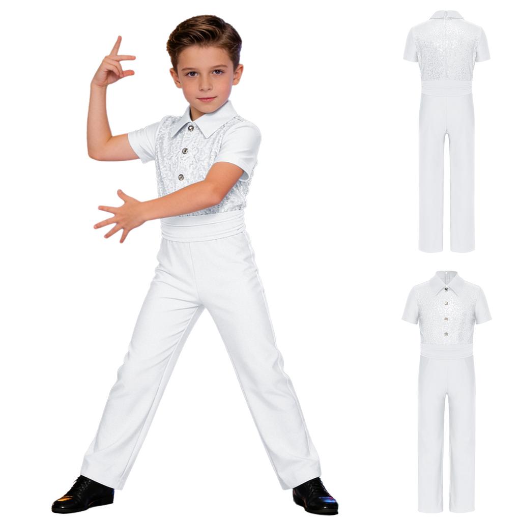 Trajes de patinaje artístico para niños Camisa de baile latino moderno para niños Body Leotardo Niños Salsa Tango Salón Solapa Mono Tops