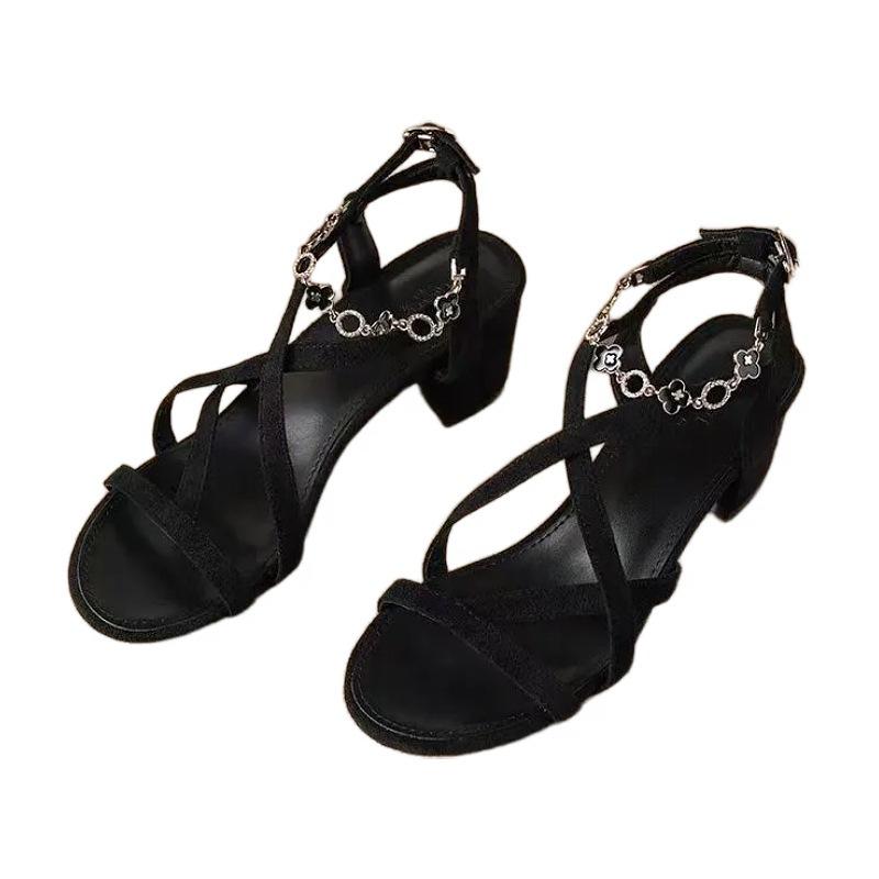 2025 summer new fairy rhinestone one-word buckle with skirt sandals women's French thick heel Roman high heels