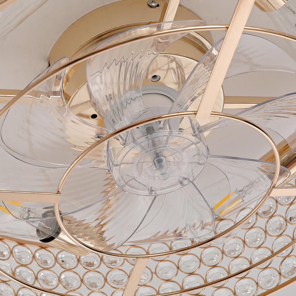 19-Inch Flush Mount Fan Light with Gold Crystals, ABS Blades, Dual Control Via App and Remote Control, 6 Speed Settings, Low-Ceiling Spaces