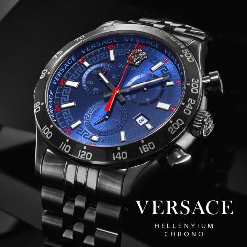 Versace HELLENYIUM CHRONO Men's Watch, Black Dial, Stainless Steel, Sapphire Crystal, Quartz Movement, 44mm, Swiss Made, VE2U00122