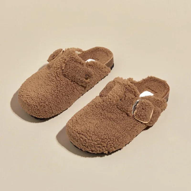 Fashion Warm Thicken Lamb Wool Birken Slippers Women 2024 Winter Fur Flat Mules Shoes Woman Brand Designer Thick Bottom Outdoor Slides