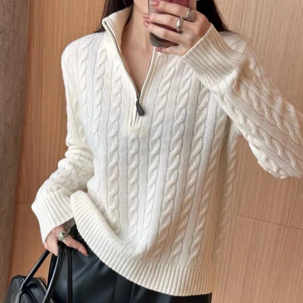 Half-zipper Lapel Pullover Knitted Sweater for Women's Casual Knitted Sweater