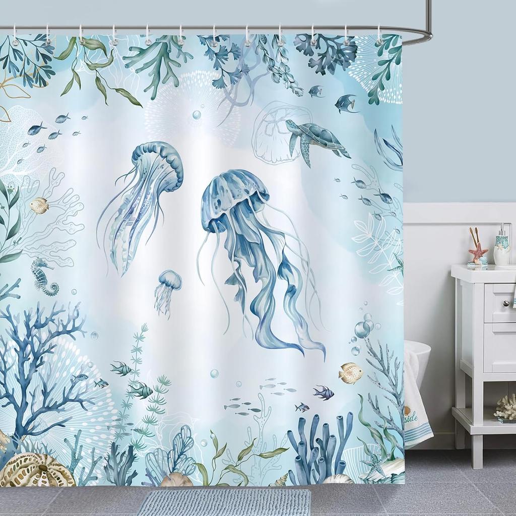 Bonhause Sea Turtle Shower Curtain - Teal Blue Ocean Theme, 72x72In Polyester Waterproof Bath Curtain with 12 Hooks