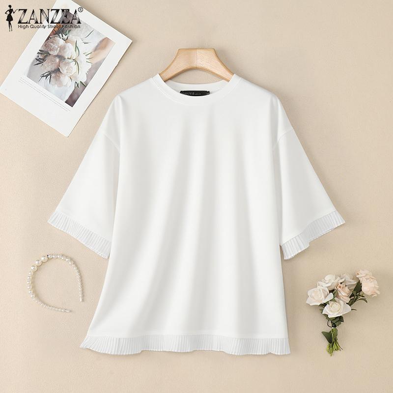 ZANZEA Women Round Neck Short Sleeve Ruffled Patchwork Solid Color Casual Blouse