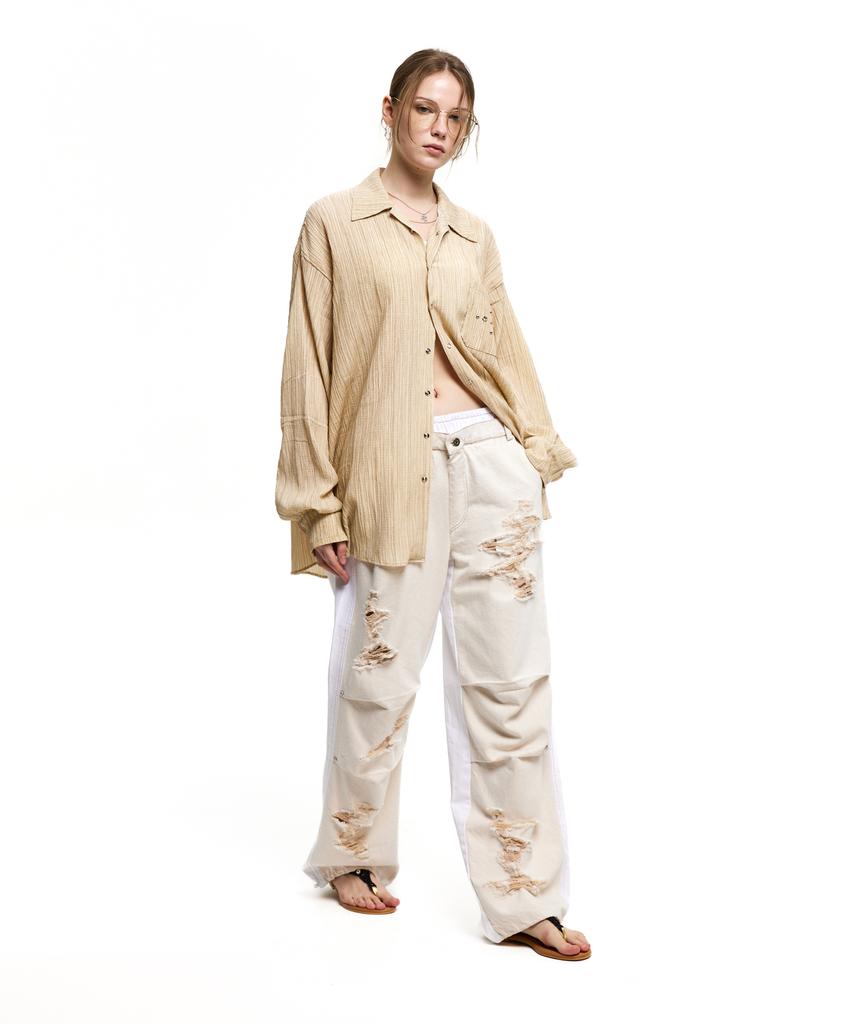 Aleseuseussi Layerd Destroyed Denim Pants - Ivory/White
