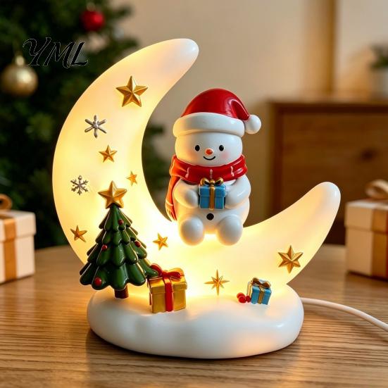 Holiday Party Supplies Christmas Moon Night Light with Santa Claus, Resin Decoration Warm LED Atmosphere Lighting Glow, Tabletop Ornament for