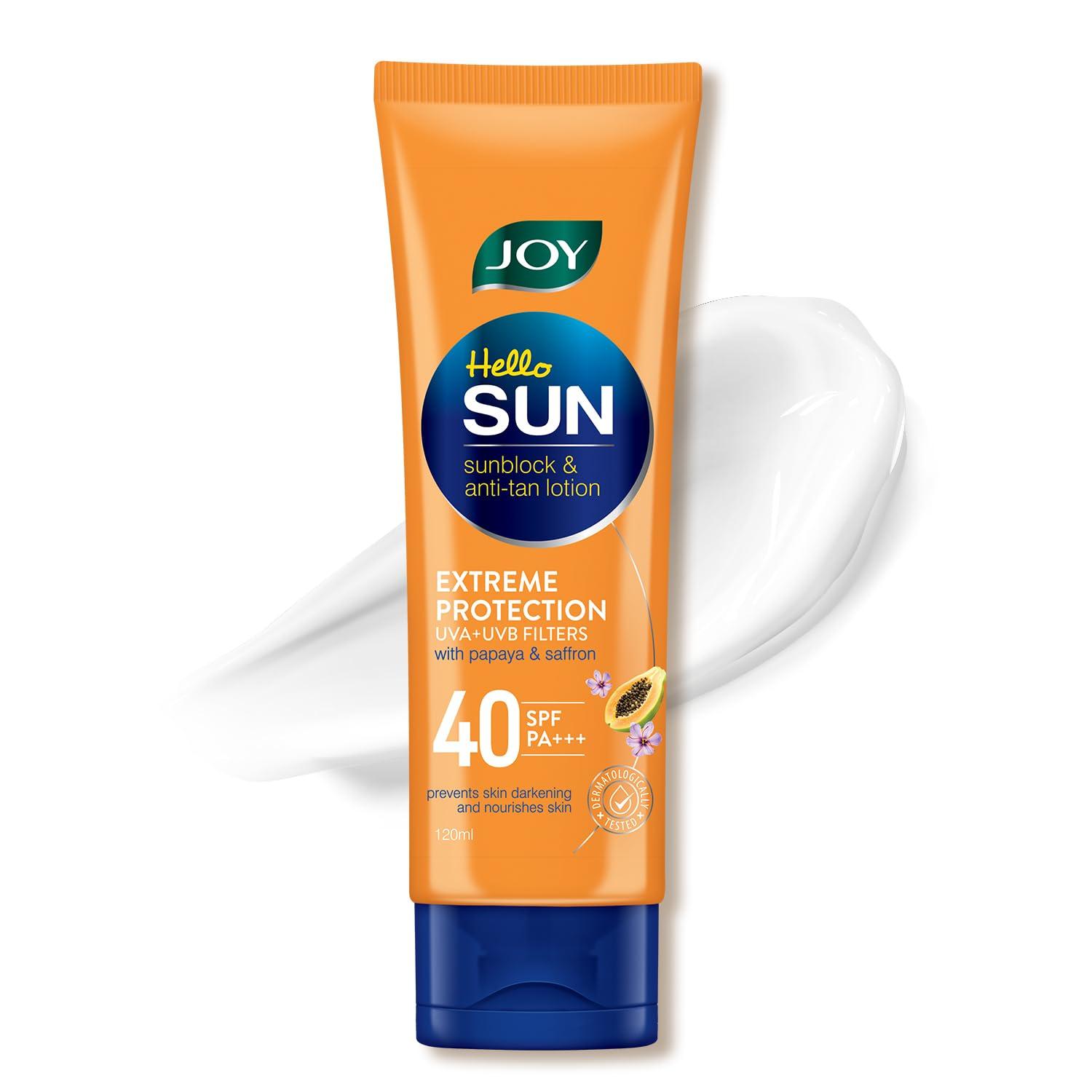 

Joy Hello Sun Extreme Protection Anti Tan SPF 40 Face & Body Sunscreen Lotion 120ml |Water Resistant, Zero White Cast, Normal Skin